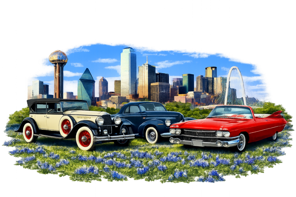 Classic cars with Dallas skyline backdrop-Preferred